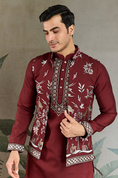 Wedding Special Maroon Jacket Style Kurta Pajama Full Set