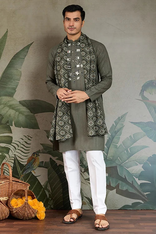 Premium Olive Green Mirror Work Kurta with Dupatta for Occasions