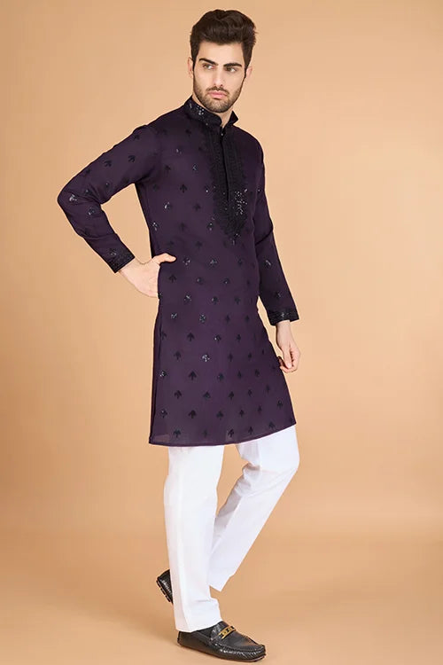 Stylish Purple Kurta For Men With Thread Work Design