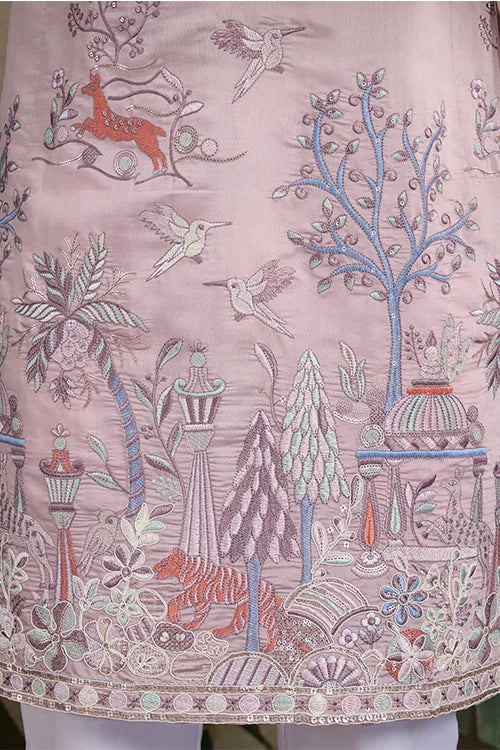 Designer Peach Silk Kurta For Men
