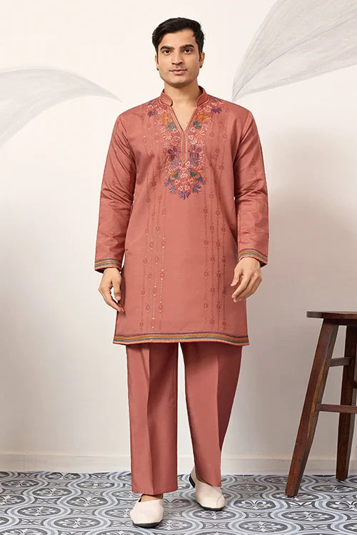Elegant Royal V Style Orange Kurta Pant For Mens Wear