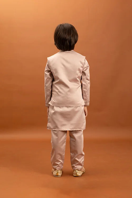Wedding Special Peach Mirror Work Koti Kurta for Boys