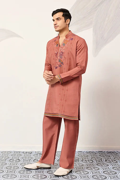 Elegant Royal V Style Orange Kurta Pant For Mens Wear