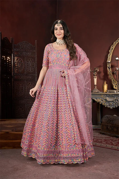 Designer Peach Color Net Gown With Zarkan Embroidery – Ready To Wear Collection