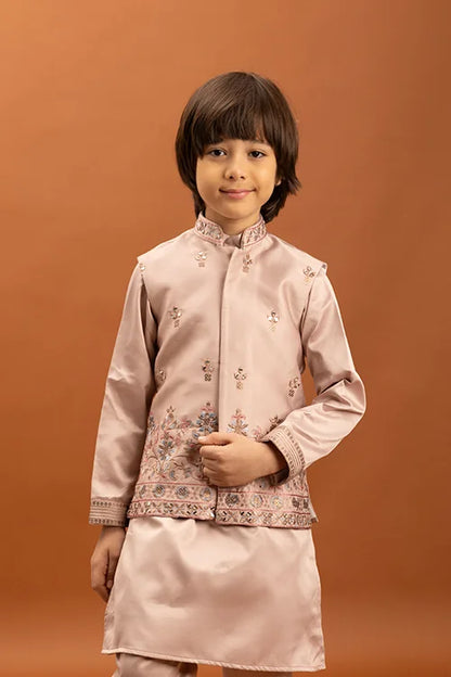 Wedding Special Peach Mirror Work Koti Kurta for Boys
