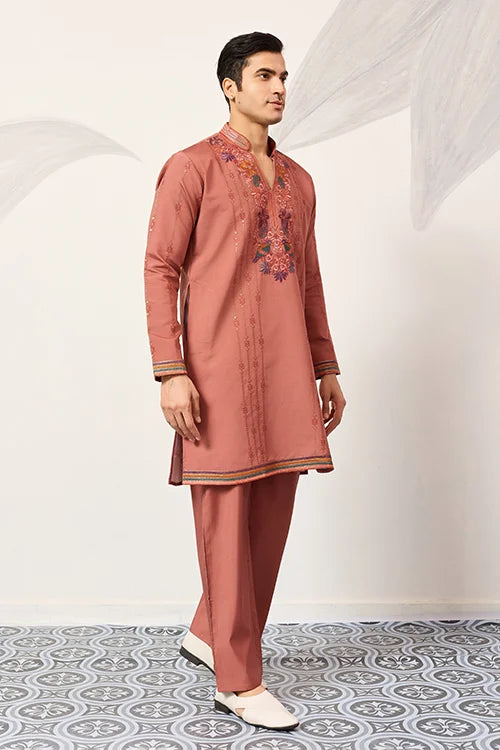 Elegant Royal V Style Orange Kurta Pant For Mens Wear