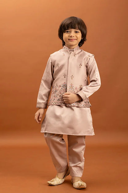 Wedding Special Peach Mirror Work Koti Kurta for Boys