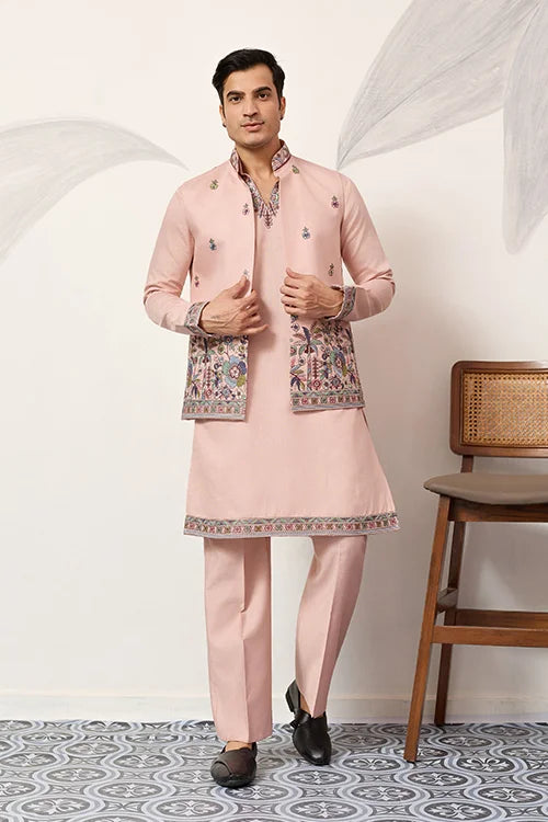 Royal Groom Ceremony Peach Koti Kurta Pair Mens Wear