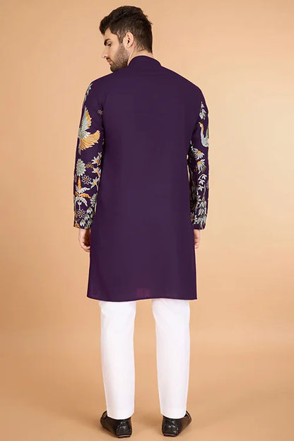 Traditional Embroidered Purple Viscose Rayon Kurta For Men