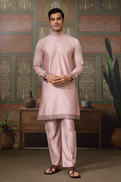 Pink Unique Color Embroidered Koti Kurta Pajama for Mens