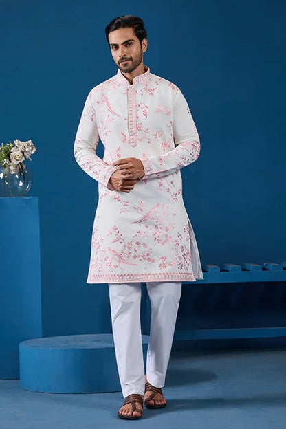 Classic White Viscose Silk Festive Kurta for Mens