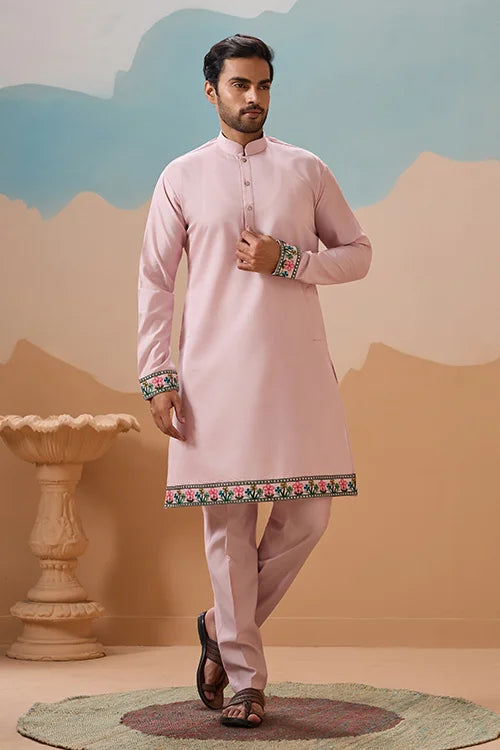 Classy Light Pink Mens Koti Kurta for Wedding Celebrations