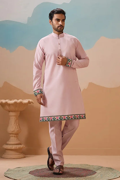 Classy Light Pink Mens Koti Kurta for Wedding Celebrations