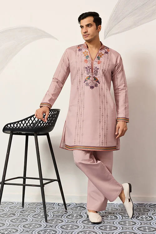 Classic Pink Embroidered V Neck Kurta Pant Outfit For Mens Wear