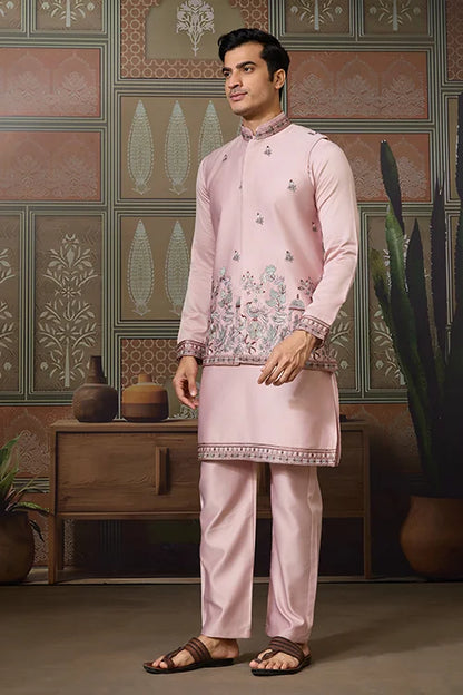 Pink Unique Color Embroidered Koti Kurta Pajama for Mens