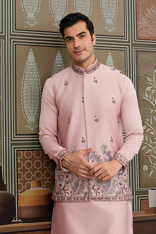 Pink Unique Color Embroidered Koti Kurta Pajama for Mens