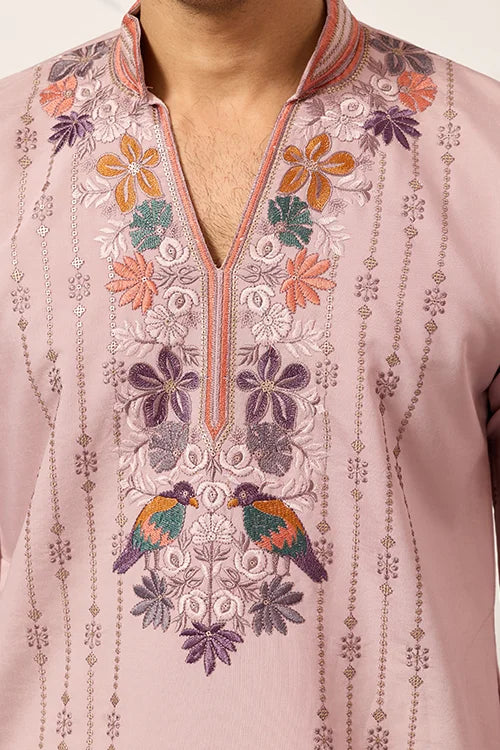 Classic Pink Embroidered V Neck Kurta Pant Outfit For Mens Wear