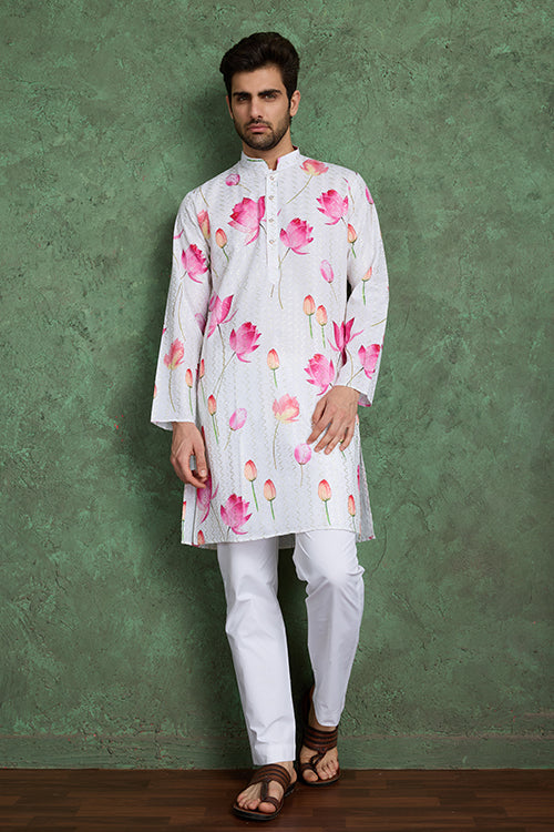 Buy Ethnic Style White & Pink Designer Kurta For Men