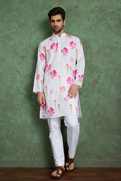Buy Ethnic Style White & Pink Designer Kurta For Men