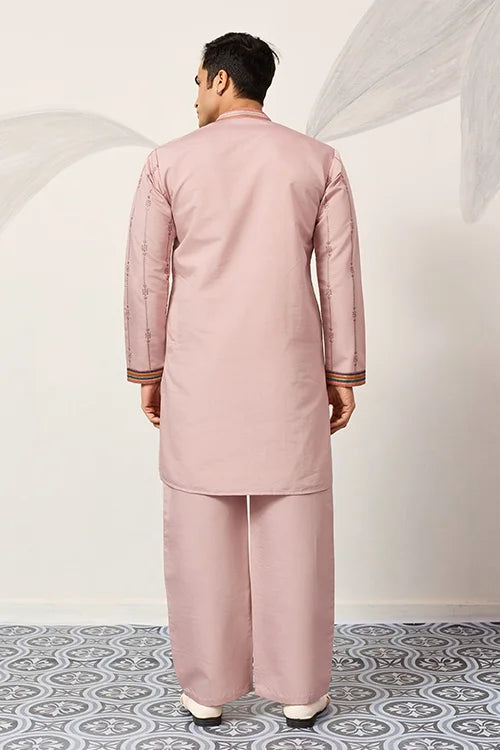 Classic Pink Embroidered V Neck Kurta Pant Outfit For Mens Wear