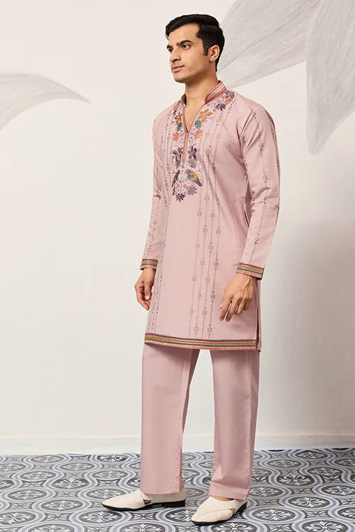 Classic Pink Embroidered V Neck Kurta Pant Outfit For Mens Wear