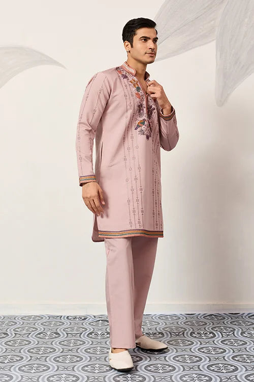 Classic Pink Embroidered V Neck Kurta Pant Outfit For Mens Wear