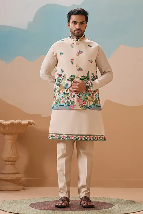 Latest Beige Color Koti Kurta Set for Mens Wear Collection