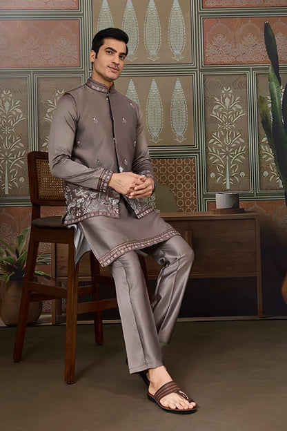 Grey Embroidered Koti Kurta Set for Mens Wear