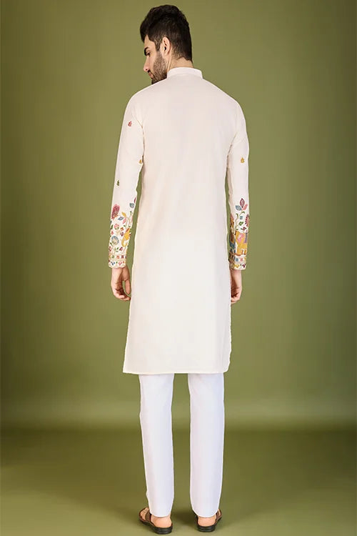 White Cotton Embroidered Sequins And Zari Work Kurta Men's Wear