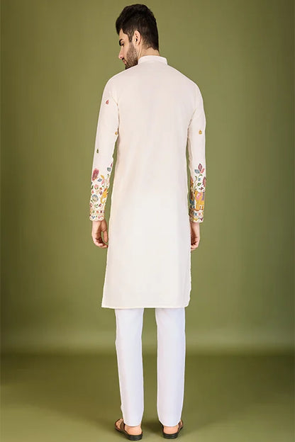 White Cotton Embroidered Sequins And Zari Work Kurta Men's Wear