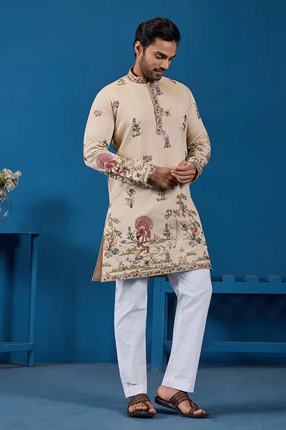 Perfect Festive Choice Beige Ethnic Kurta for Mens Wear