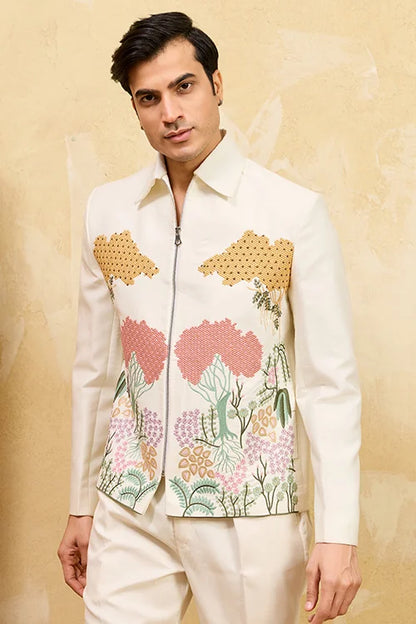 White Velvet Embroidered Bomber Jacket With Pant For Mens Wear