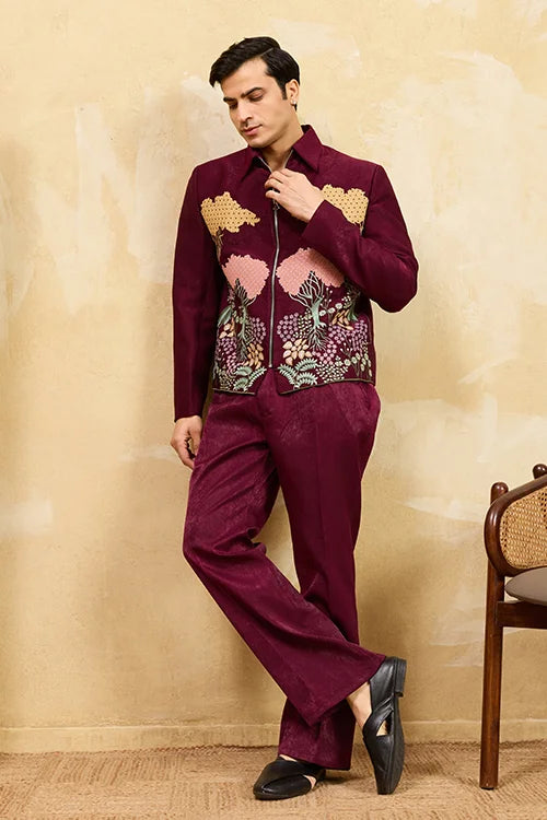 Wedding Special Maroon Velvet Bomber Jacket Set For Mens Wear