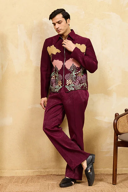 Wedding Special Maroon Velvet Bomber Jacket Set For Mens Wear