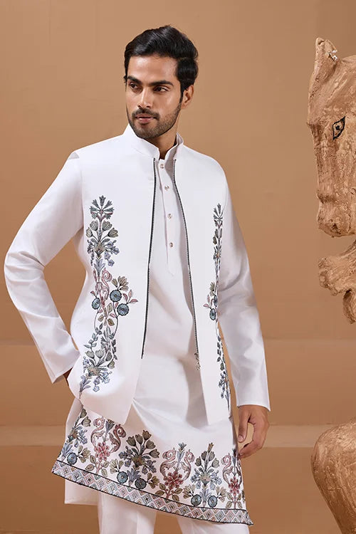 Wedding Special White Color Koti Kurta Set for Mens Wear