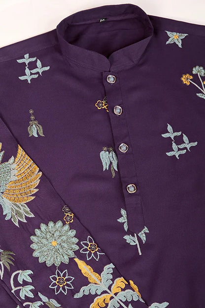 Traditional Embroidered Purple Viscose Rayon Kurta For Men