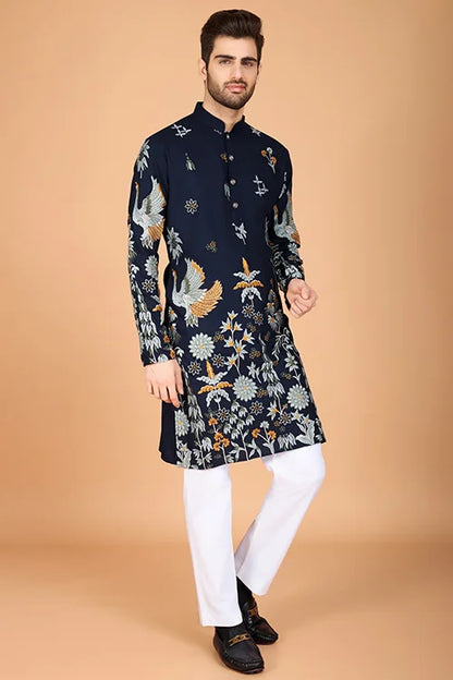 Navy Blue Traditional Look Ethnic Wear Kurta For Men