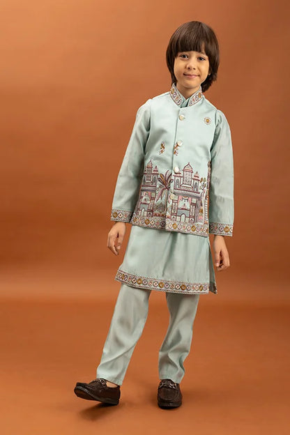 Wedding Sky Blue Koti Kurta Set for Kids 6-12 Yrs
