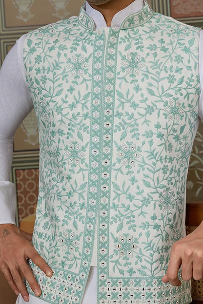 Wedding White Kurta Pajama with Green Koti Style