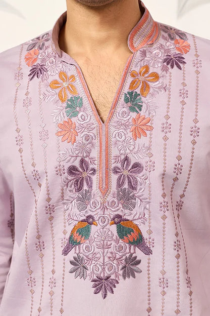 Royal Look Lavender V Neck Kurta Pant For Mens Wear