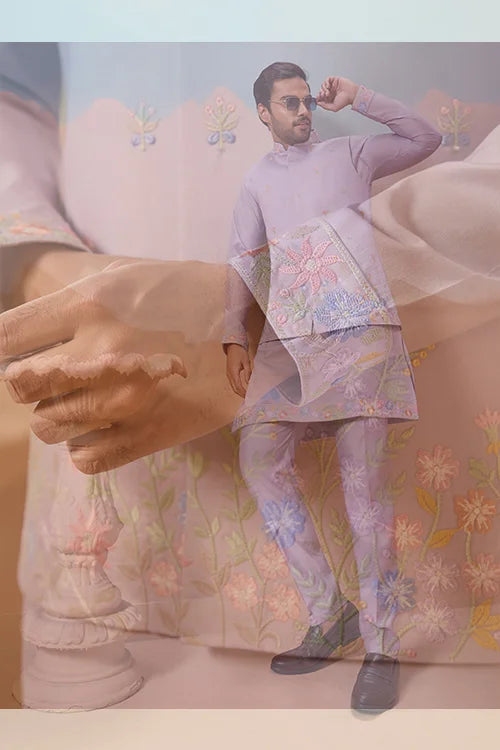 Trendy Lavender Wedding Celebration Beige Kurta Koti Pant Mens