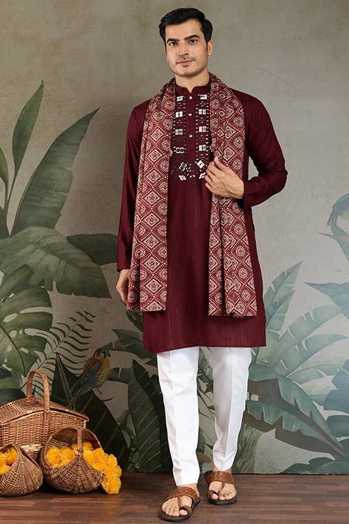 Traditional Maroon Mirror Embroidered Kurta with Dupatta