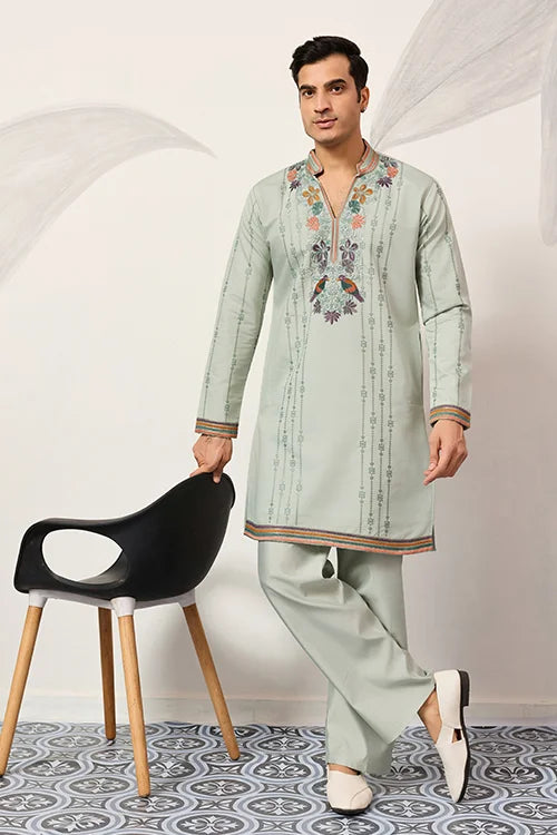 Ethnic Pista V Neck Kurta Pant Set For Mens Wear