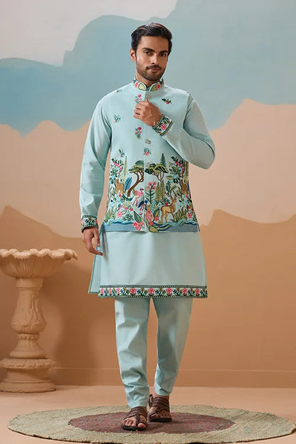 Stylish Sky Color Mens Koti Kurta Set Collection