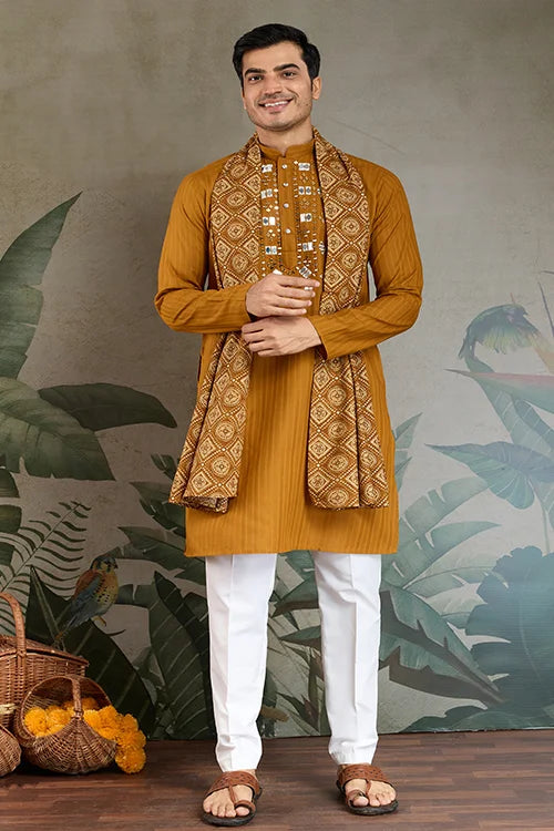 Wedding Special Mustard Mirror Kurta Set with Dupatta for Men