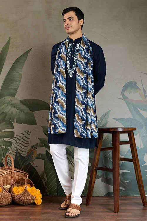 Elegant Navy Blue Mens Wear Kurta Set with Dupatta