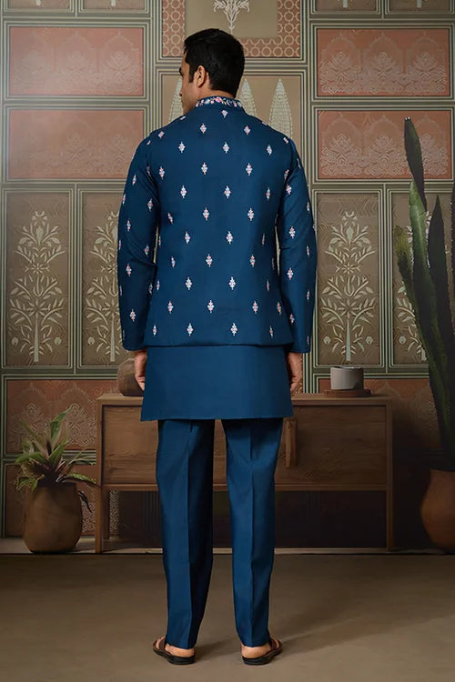 Modern Teal Blue Open Koti Kurta Set for Men