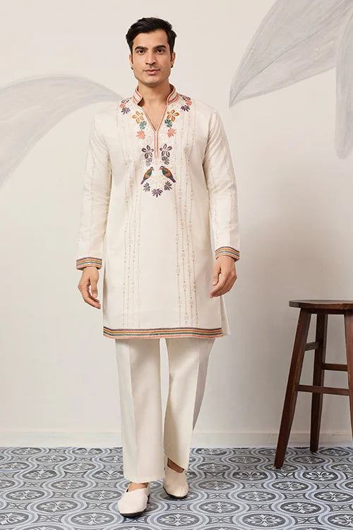 Luxury White V Neck Kurta Pant For Festive Wear