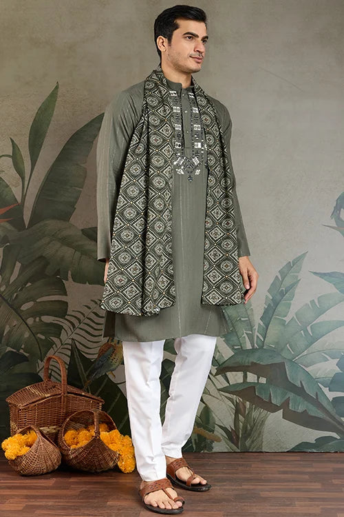Premium Olive Green Mirror Work Kurta with Dupatta for Occasions