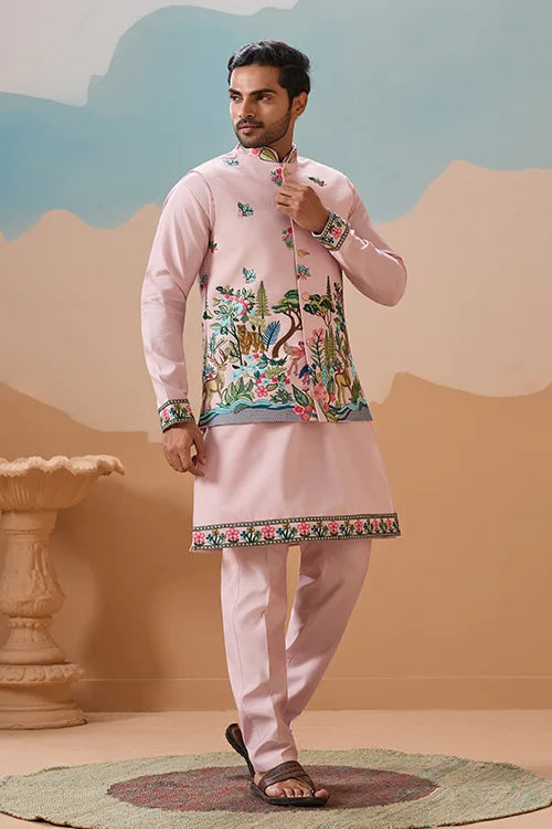 Classy Light Pink Mens Koti Kurta for Wedding Celebrations